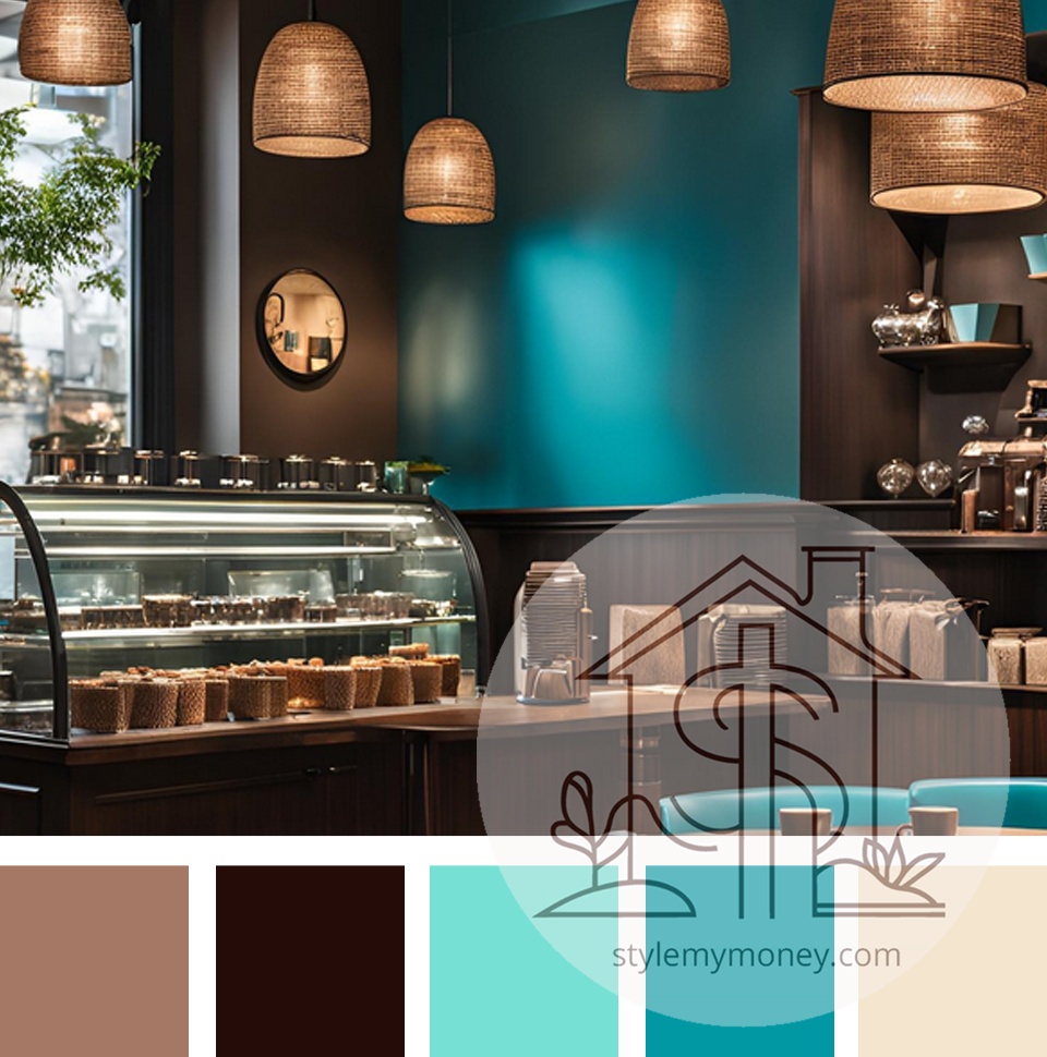 An image of a relaxing modern cafe with an accompanying color scheme with tan, dark brown, light blue, teal and pale yellow.
