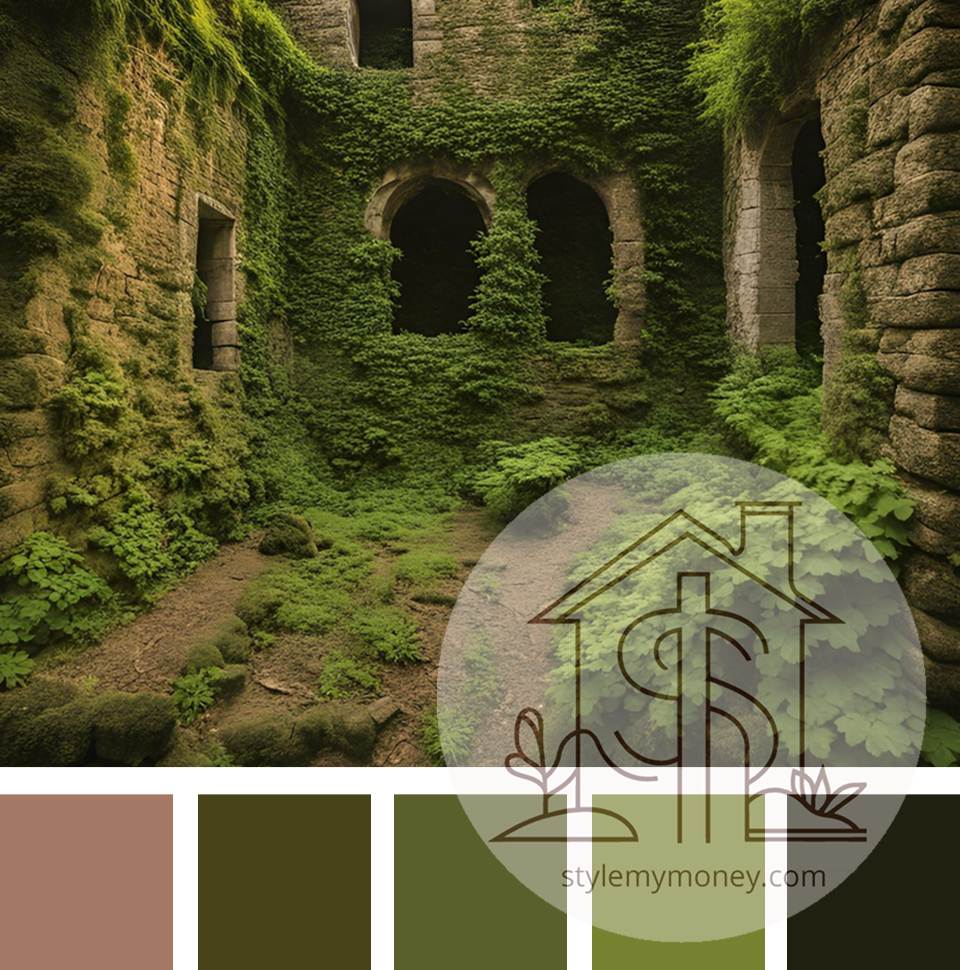 An image of a plant-covered ruin with an accompanying color scheme with tan and four different shades of green.