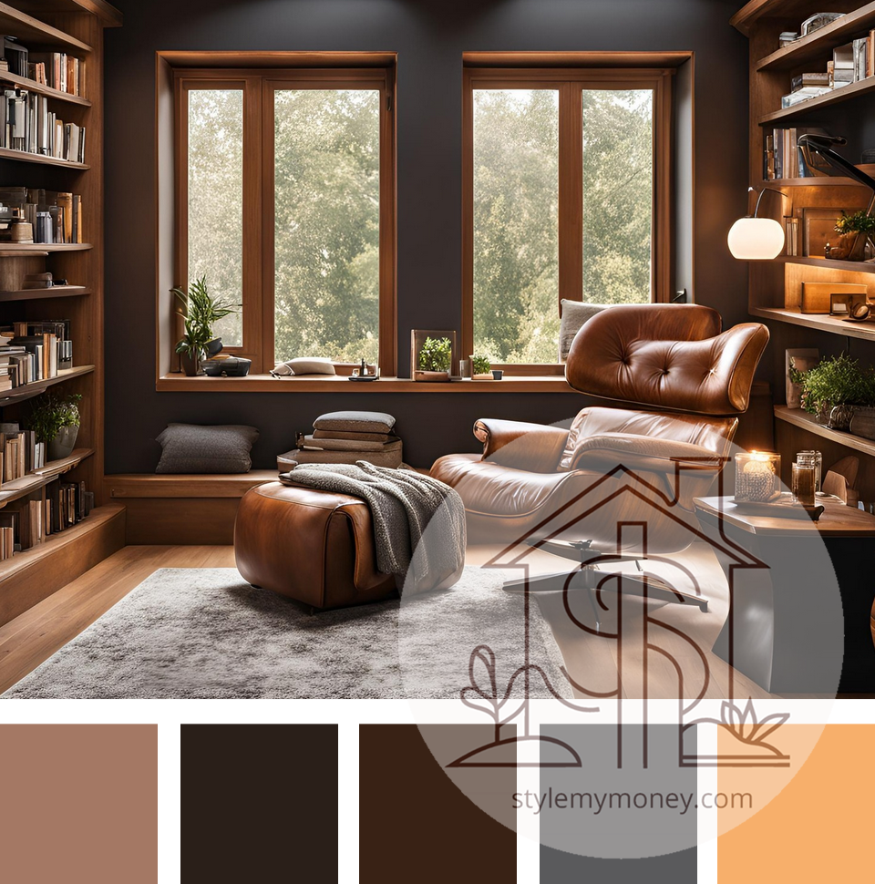 An image of tidy, well-decorated reading nook with an accompanying color scheme with tan, dark green, dark brown, gray and yellow.