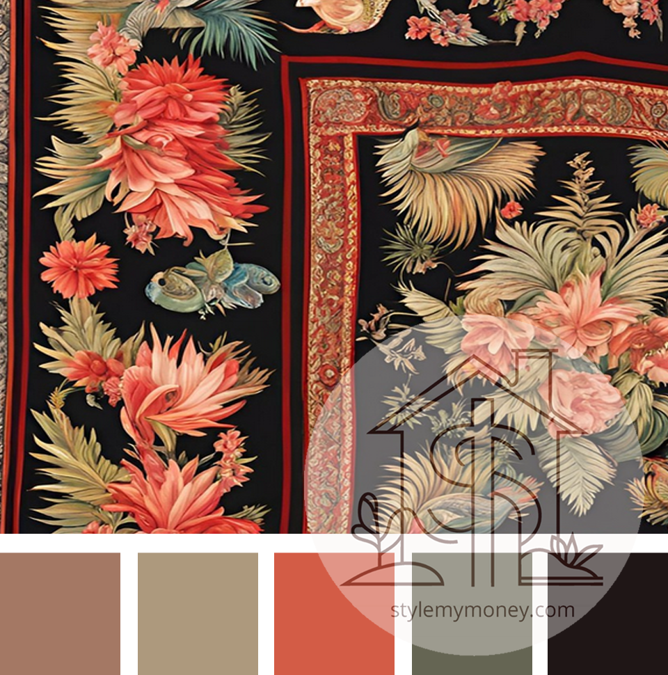An image of a tropical tapestry of plants and birds with an accompanying color scheme with tan, light green, orange, blue and dark brown.