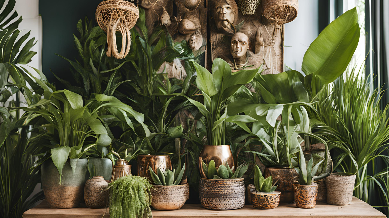 Jungle plants styled with boho decor.