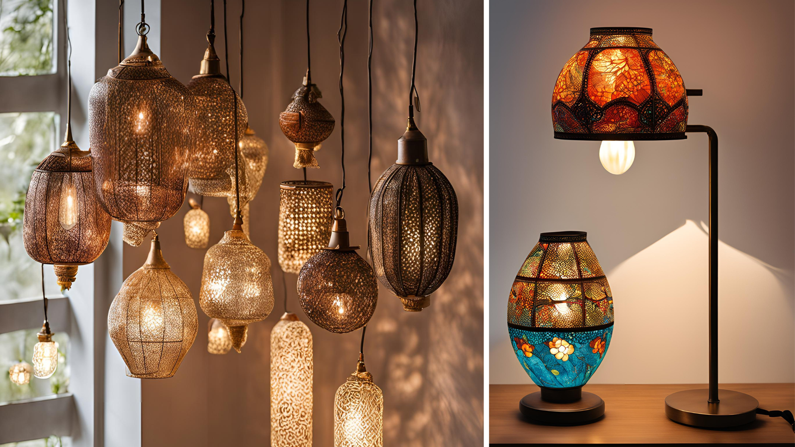 Examples of boho style light fixtures: hanging scones and lamps