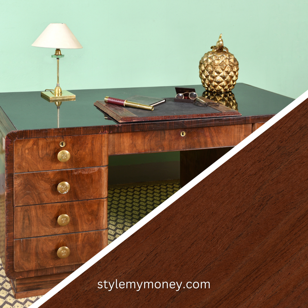 Example of antique mahogany desk with close up of mahogany wood grain