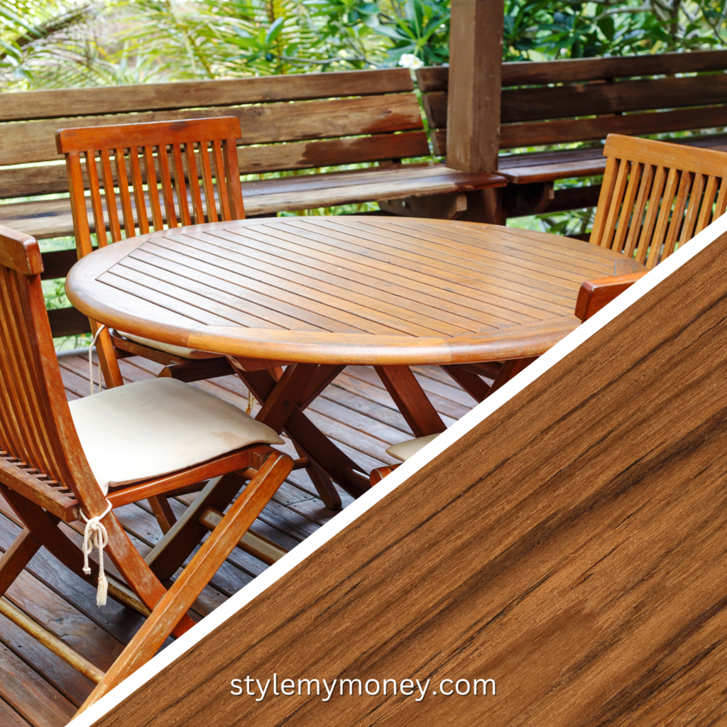 Example of teak furniture with a closeup of teak wood grain