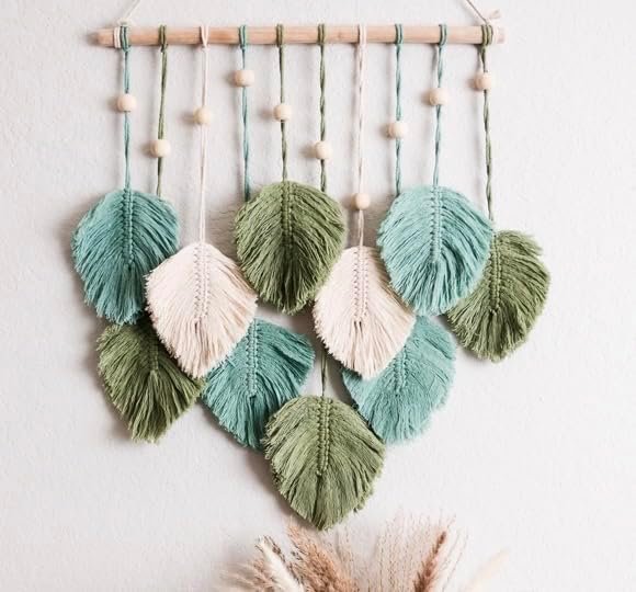 Product image for a leaves macrame in white, teal and green