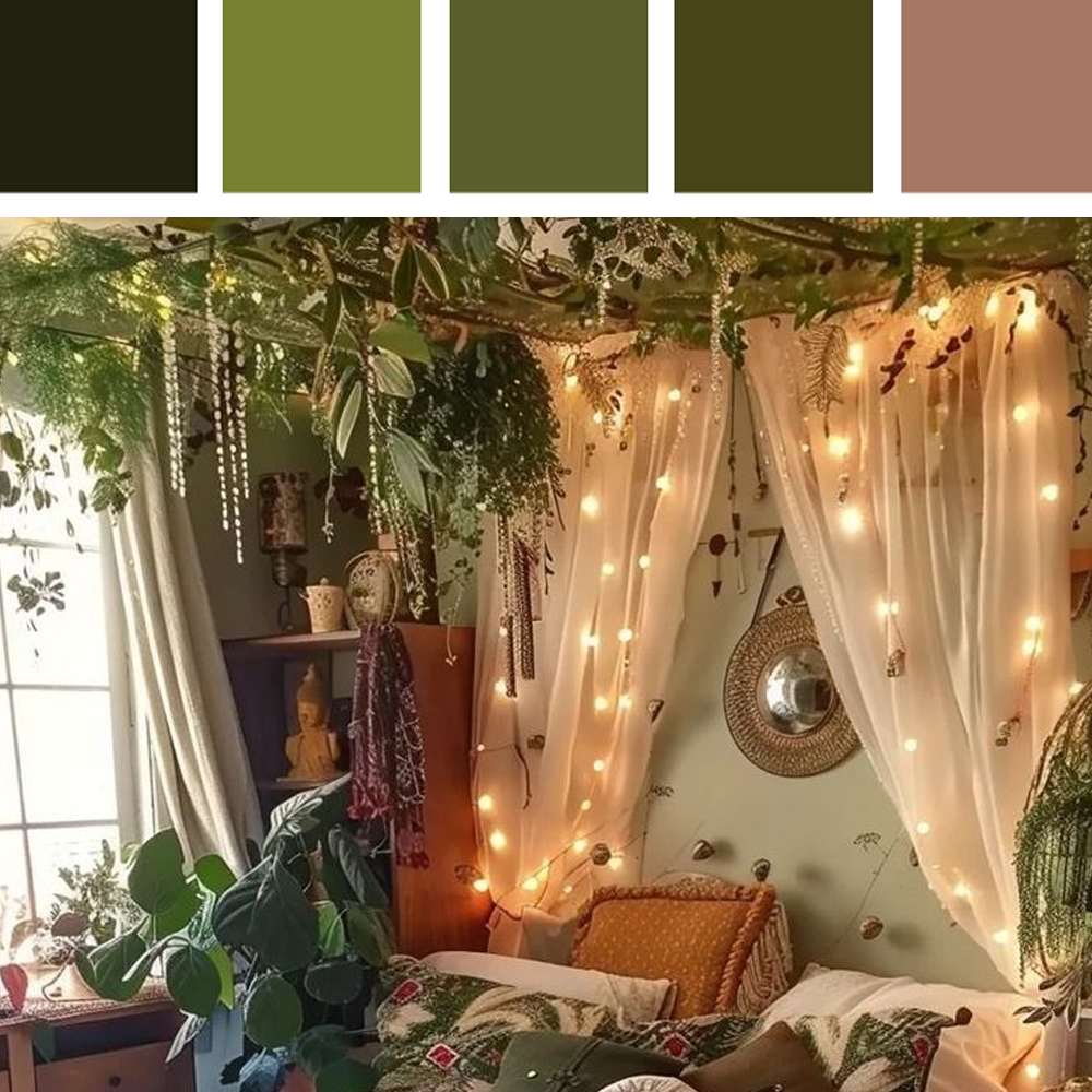 A cozy jungle boho bedroom created with a green and terracotta color scheme