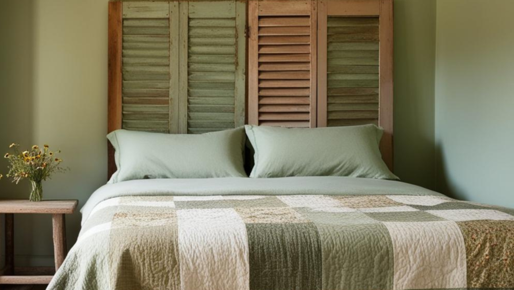 Cottage bedroom with shutter headboard
