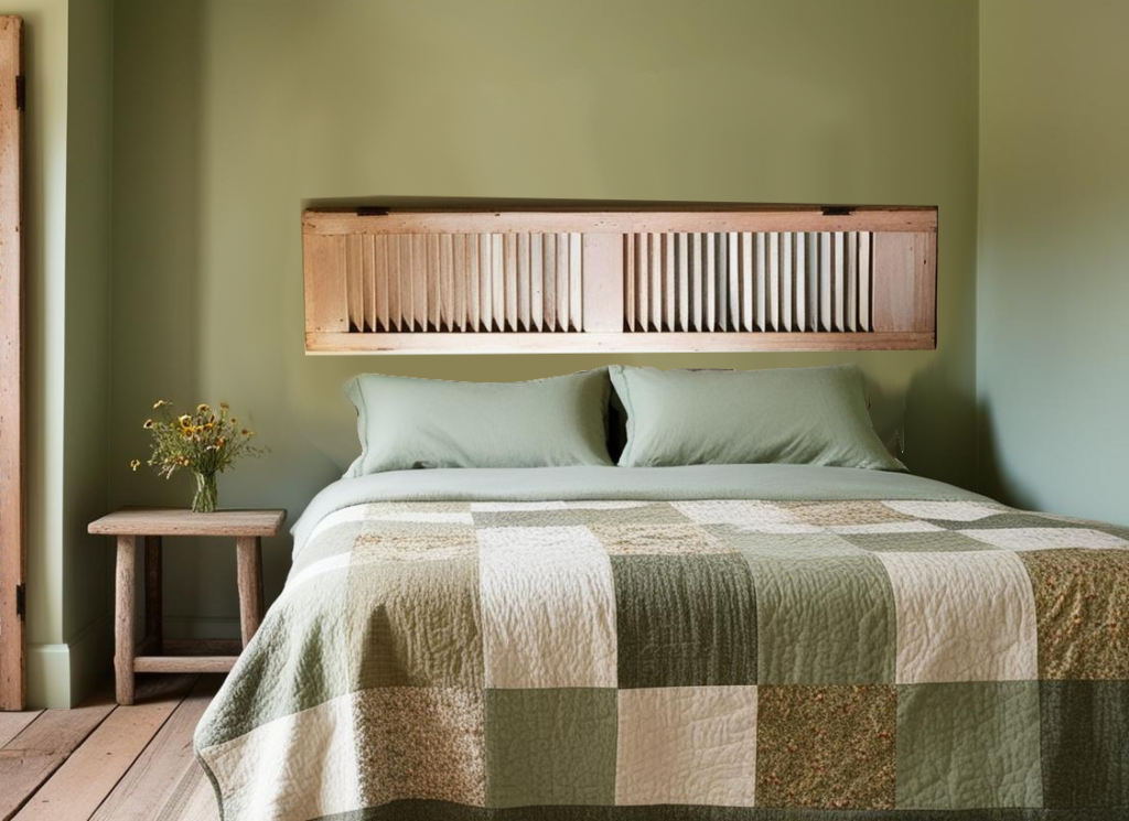 A bed with a single shutter photoshopped above it as a headboard