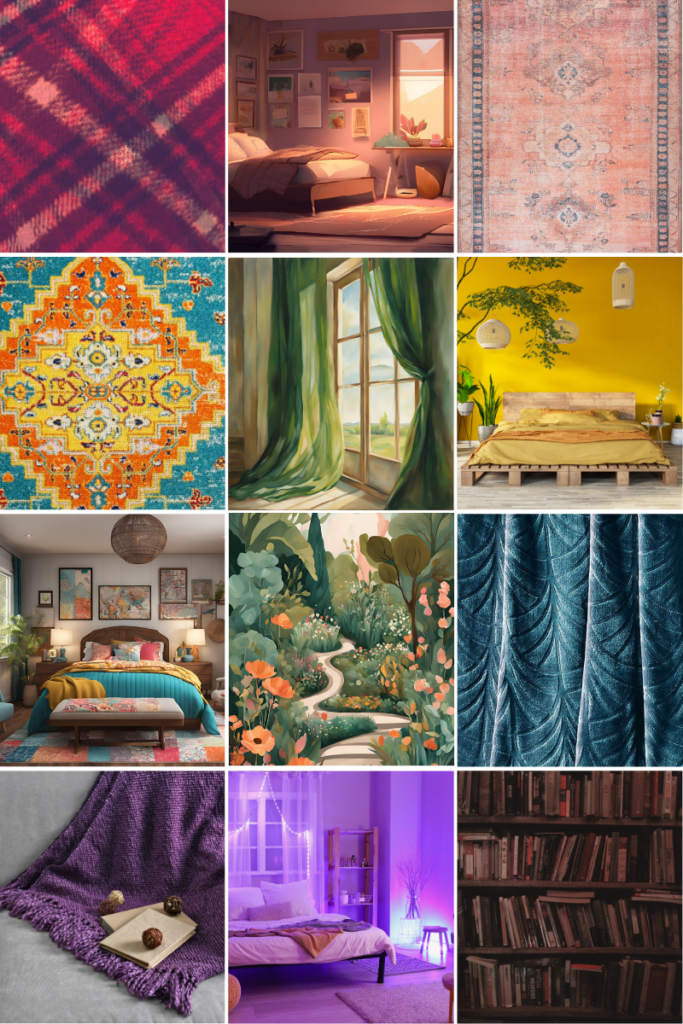 Moodboard with various images of bedrooms and colors.