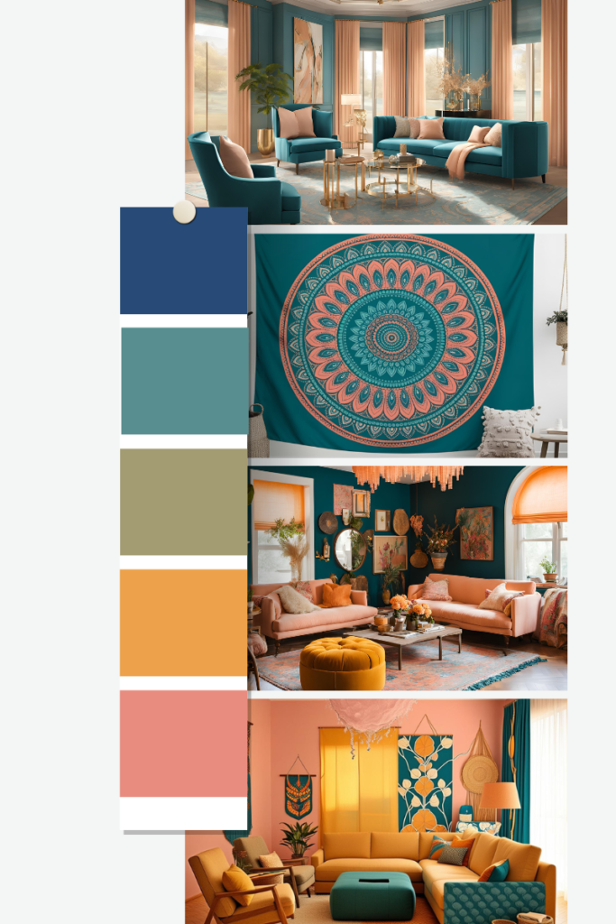 A collage of photos showing living spaces styled with a peach and teal color scheme. The swatches for the color palette are on the left side of the collage.