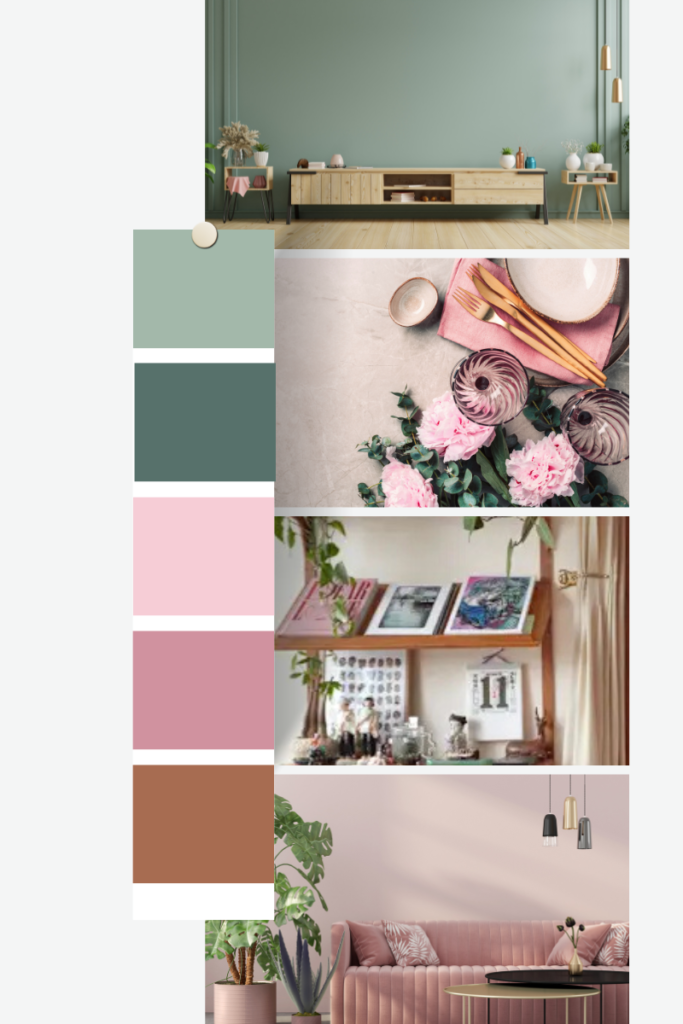 A collage of photos showing living spaces styled with a sage green and pink color scheme. The swatches for the color palette are on the left side of the collage.