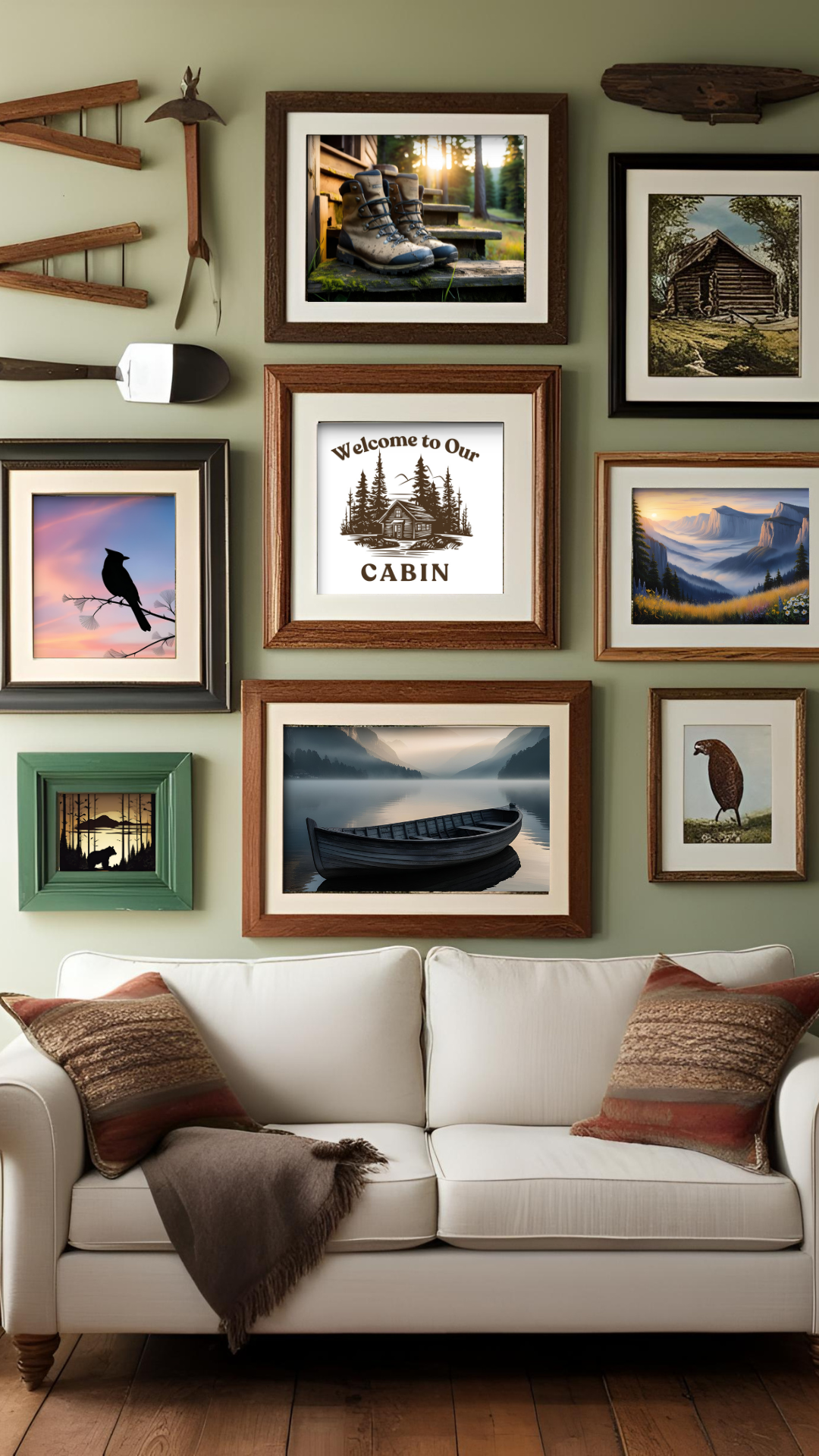A mock up of a living room wall with a variety of beautifully framed cabin, mountain and nature prints.