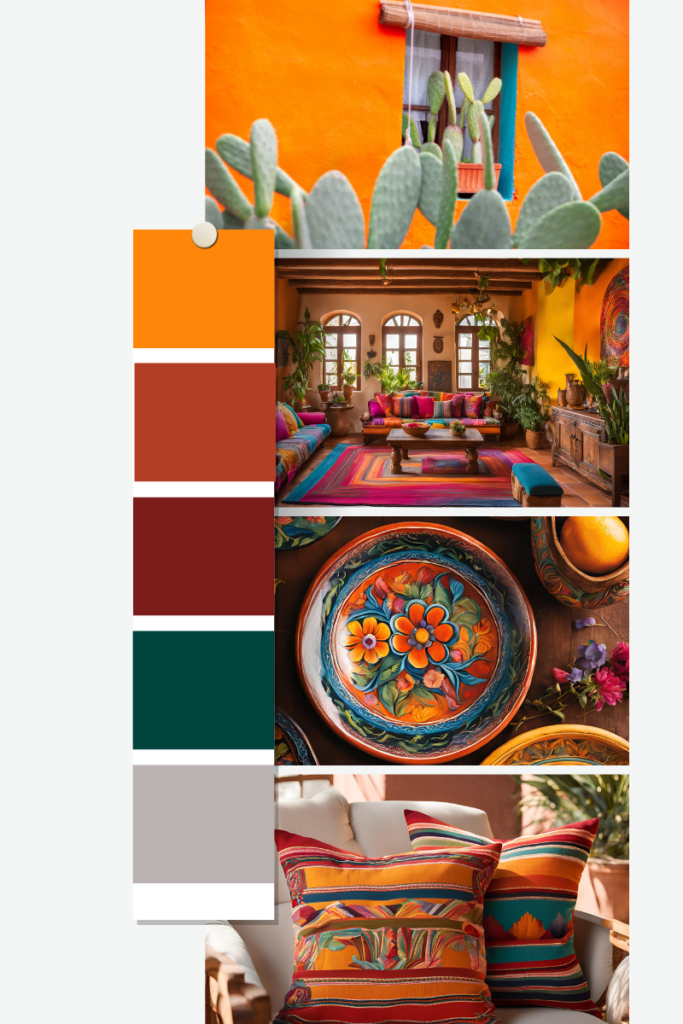 A collage of photos showing traditional Mexican living spaces and artwork styled with a peach and teal color scheme. The swatches for the color palette are on the left side of the collage.